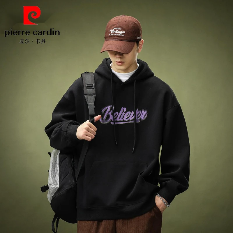 皮尔卡丹美式连帽卫衣男士春秋宽松2024加绒加厚男装黑色外套帽衫
