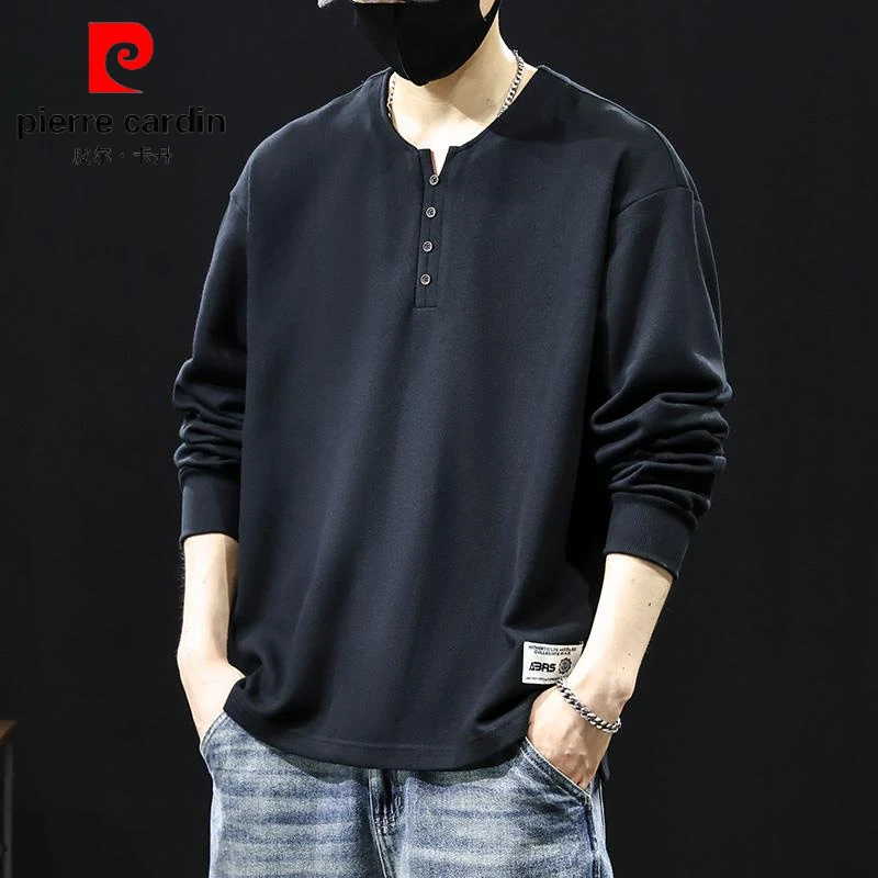 皮尔卡丹纯棉打底衫男春秋高级感亨利领长袖卫衣男装新款上衣T恤