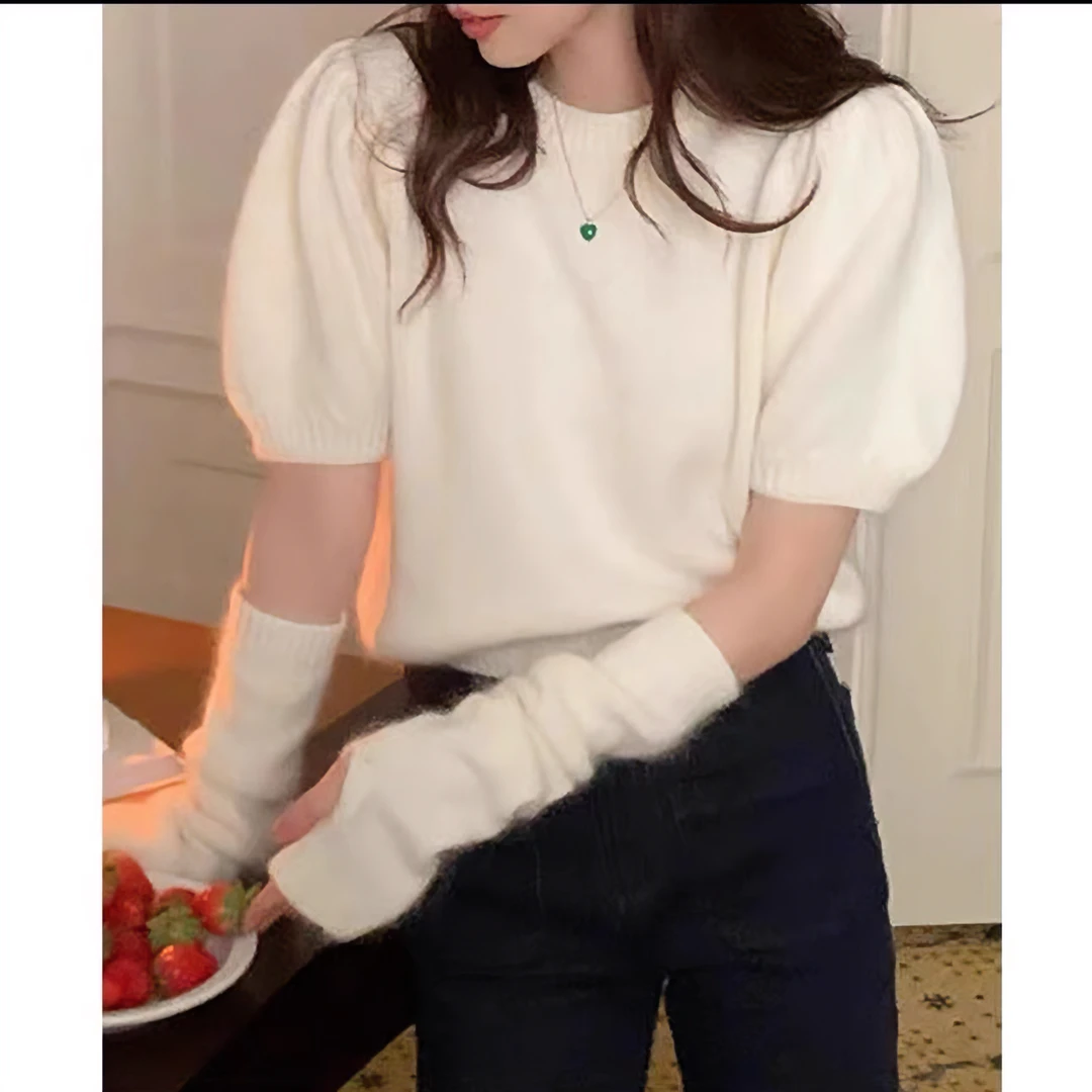 上衣白色针织百搭夏季宽松圆领设计感