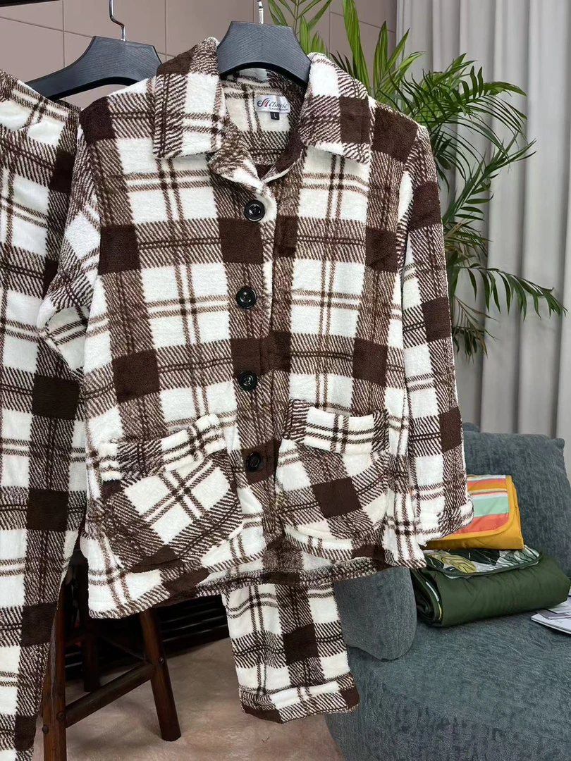 S009秋冬格纹加厚加绒男冬季长袖家居服法兰绒珊瑚绒睡衣套装