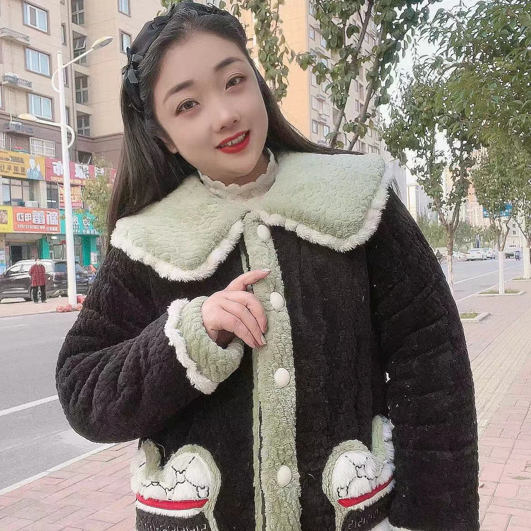 冬季加厚保暖蛋糕绒睡衣女冬季开衫家居服舒适套装