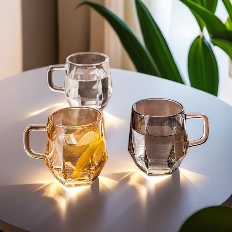 网红家用高级客厅茶杯喝水杯玻璃杯高颜值六棱角大容量玻璃水杯