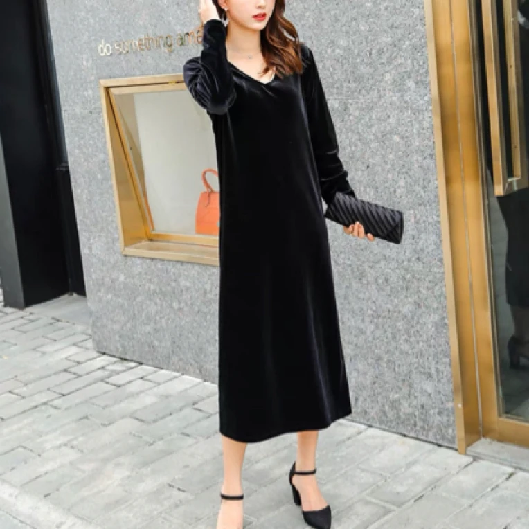 清苍价~深圳6617超显瘦丝绒长袖连衣裙珍丝弹力绒遮肉显瘦