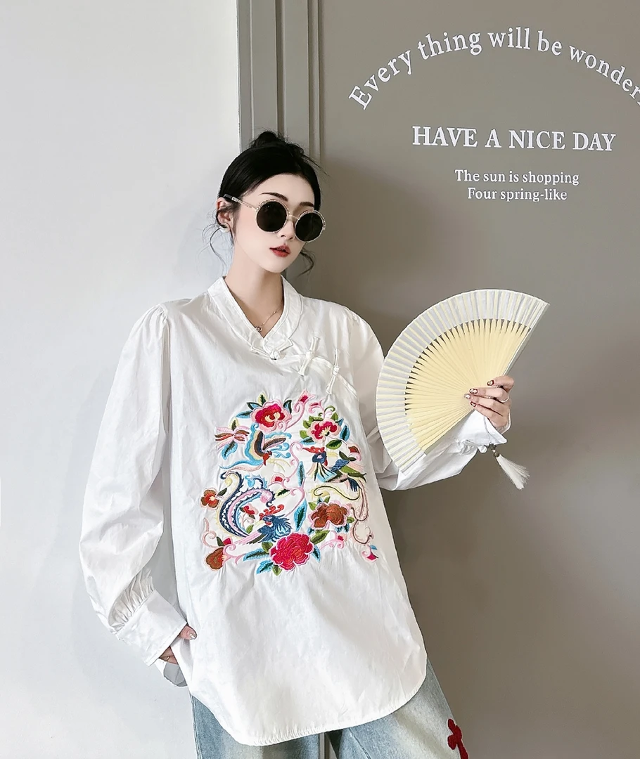 清～深圳6828重工刺绣新中式国风衬衫立领盘扣旗袍领长袖衬衣