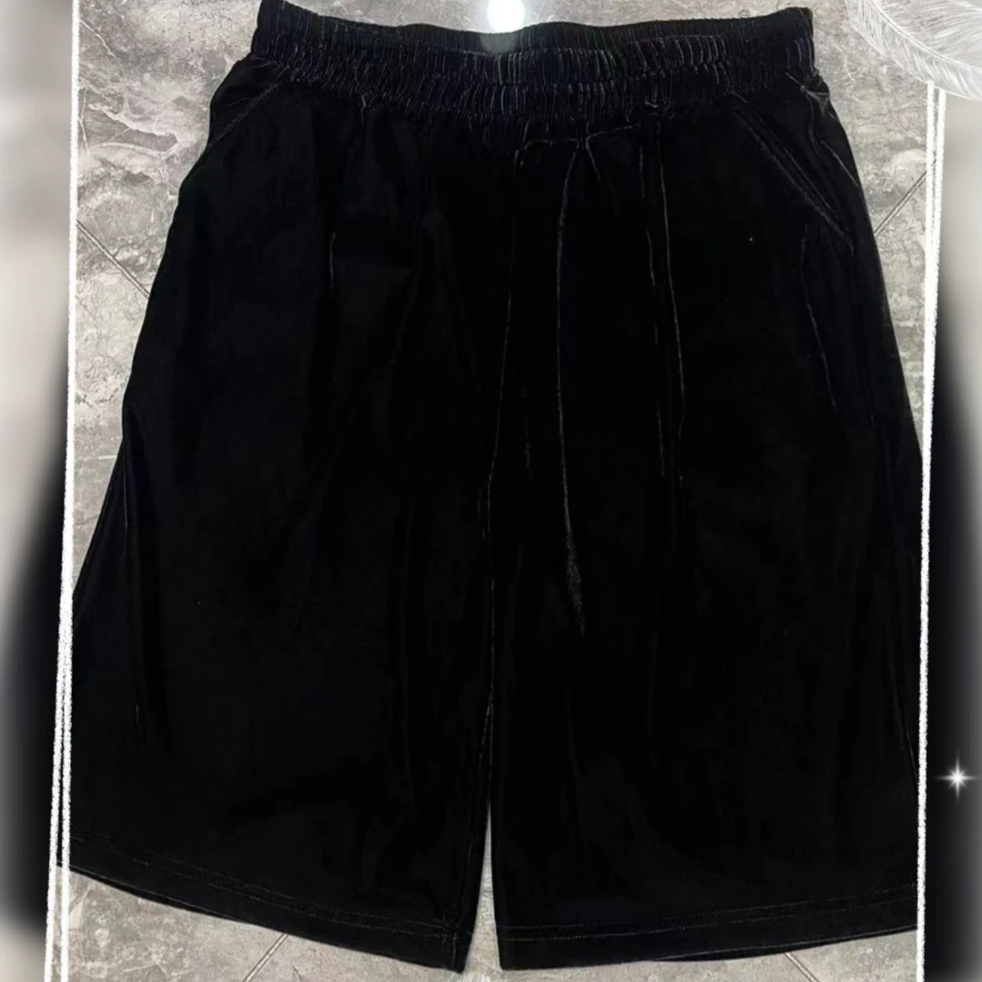 清苍价～深圳023高定苏杭丝绒短裤裤子弹力绒丝绒裤加大码松紧腰