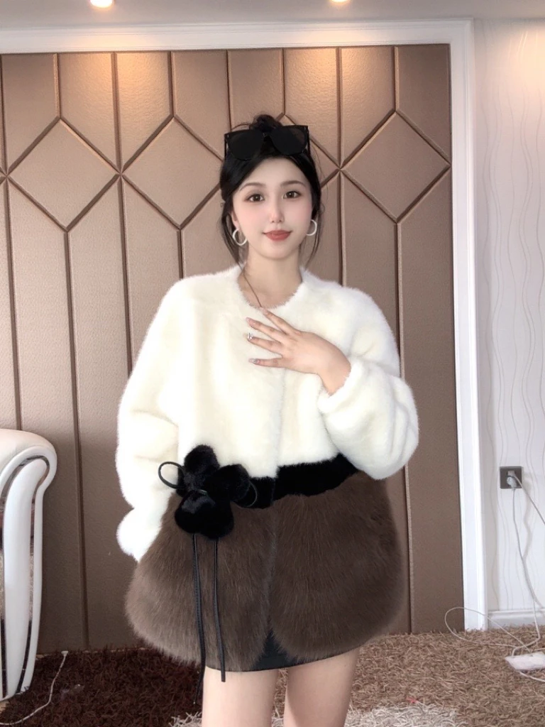 {JP}毛毛外套小花朵系列拼接托卡灵动毛毛短款外套