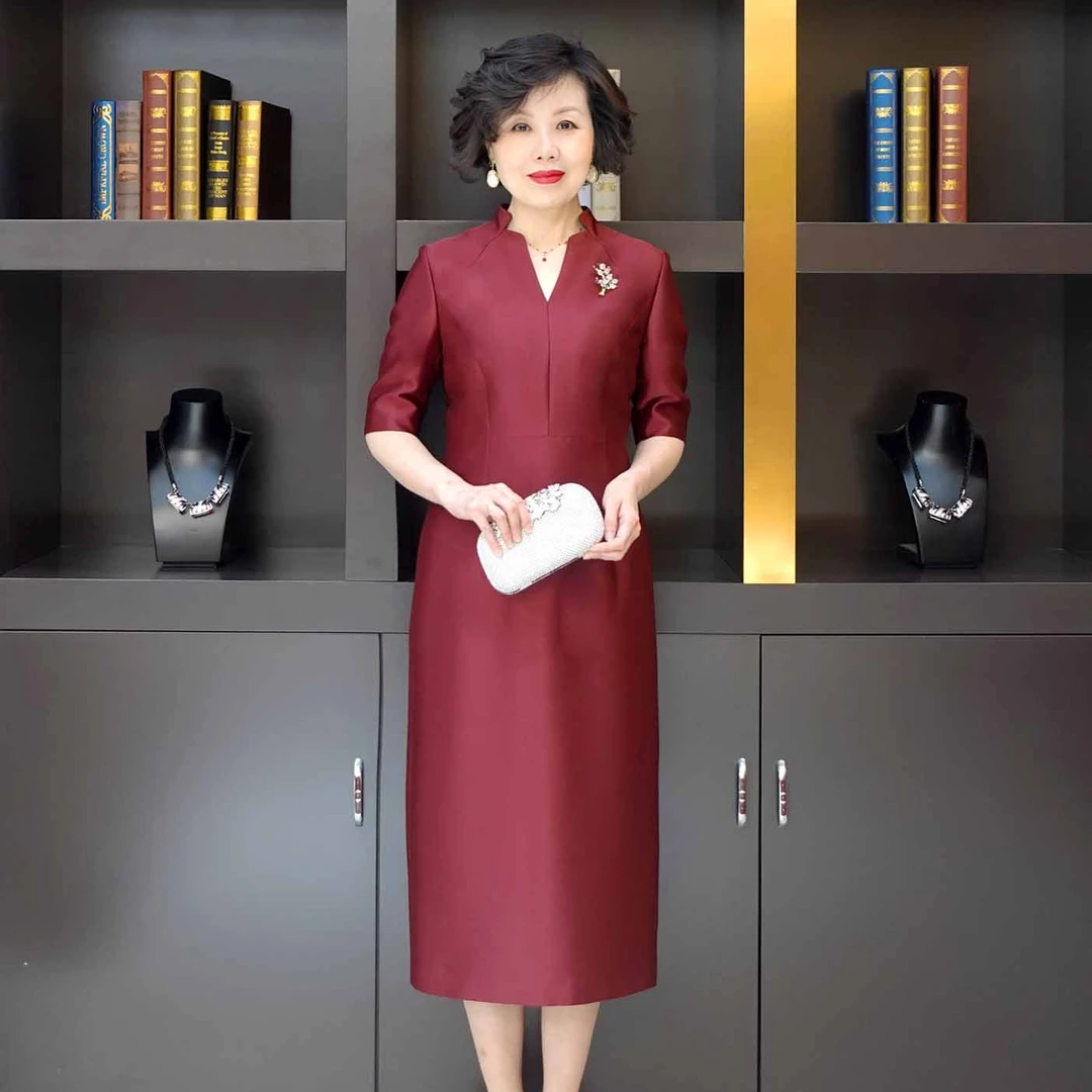 YINGDAK/应大棕酒红半袖修身婚会礼服裙喜婆婆喜婚宴婚礼妈妈装