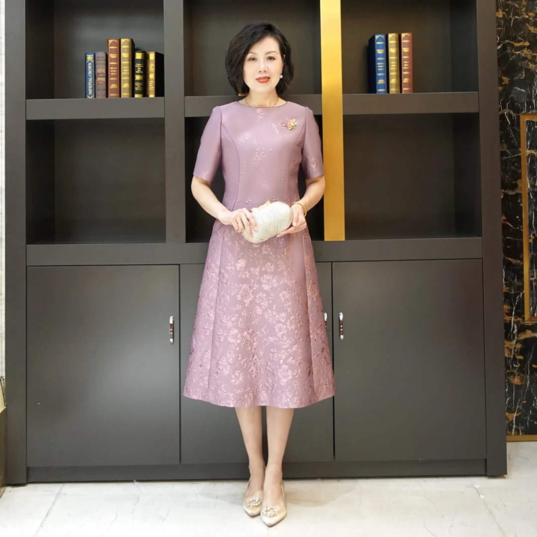 YINGDAK/应大豆蔻年华紫色圆领提花场合装喜妈妈时尚女装连衣裙