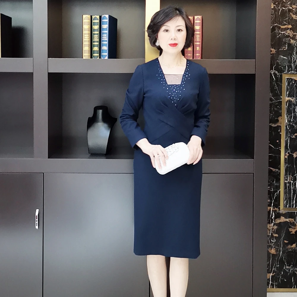 应大定制藏蓝色中长款连衣裙长袖女网纱贴钻宴会场合装