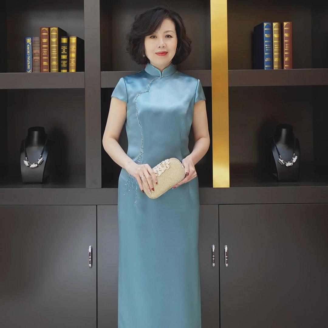 應大春夏新款蓝色立领修身中长款改良旗袍女气质优雅中式场合装