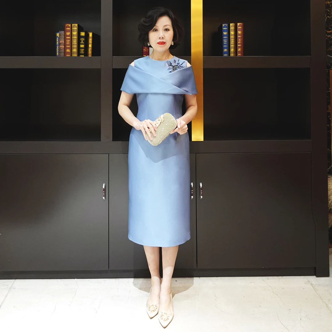 YINGDAK/应大天空蓝色圆领裹肩时尚场合装气质喜婆婆气女装连衣裙