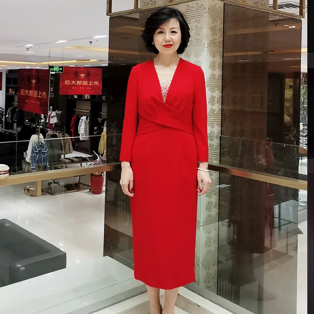 应大定制婚礼妈妈装红色中长款气质显瘦礼服连衣裙