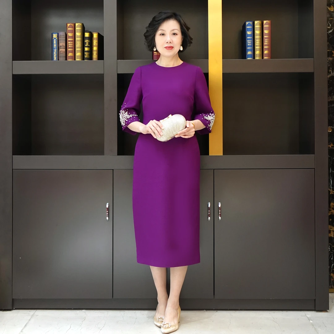 YINGDAK/应大紫色喇叭袖钉珠高贵气质时尚喜婆婆喜妈妈装连衣裙