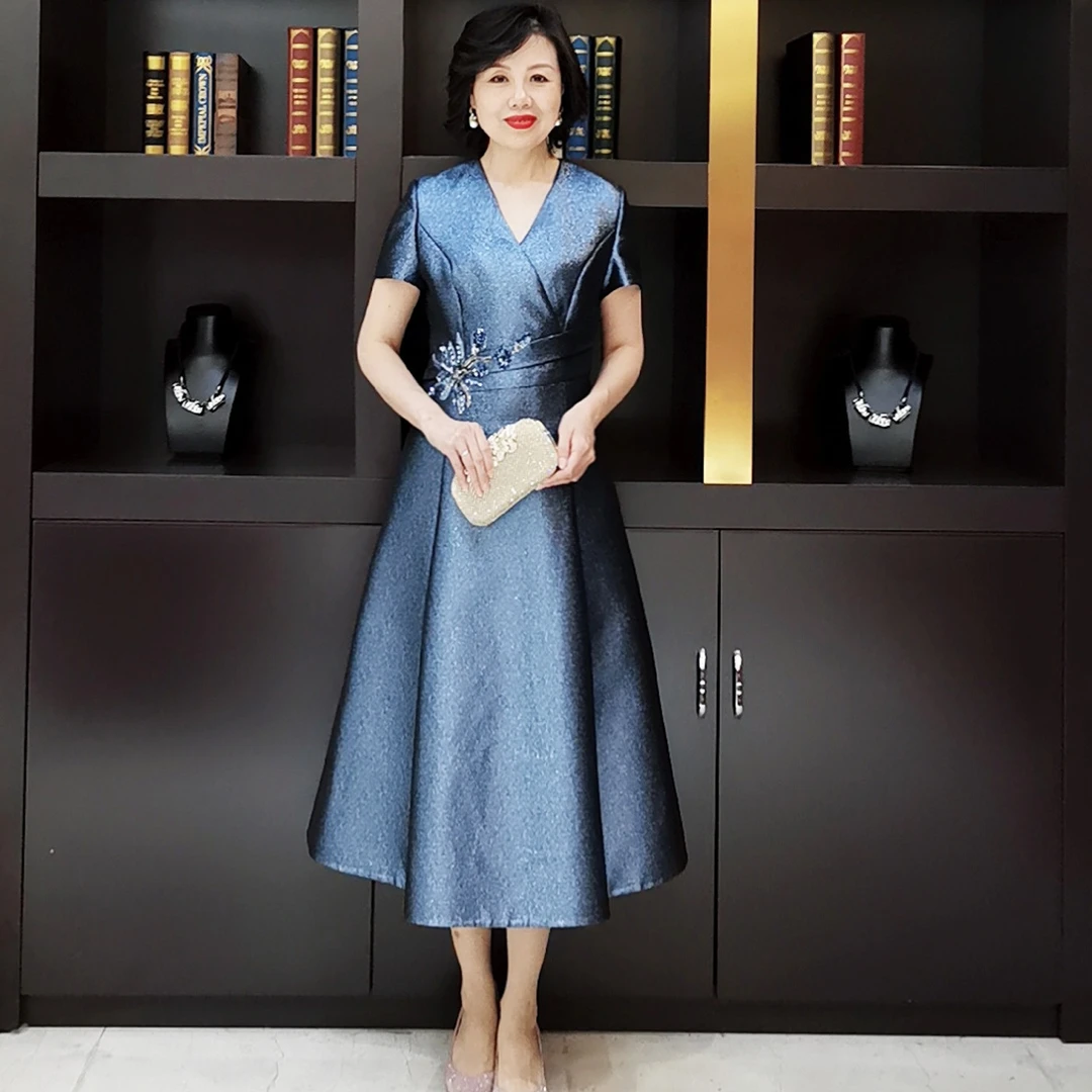 YINGDAK/应大星空蓝色V领中长优雅裙连衣裙婚礼场合装喜妈妈装