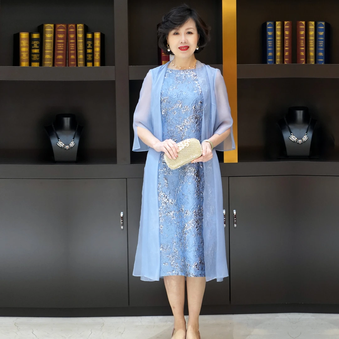 YINGDAK/应大天蓝色提花中长款假两件连衣裙女优雅高贵连衣裙