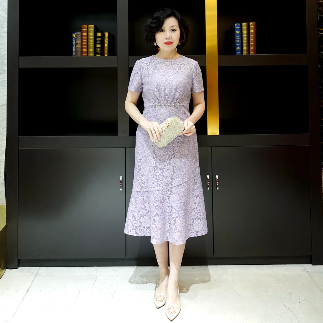 YINGDAK/应大紫色蓝色蕾丝显瘦复古中长修身鱼尾裙时尚婚宴连衣裙