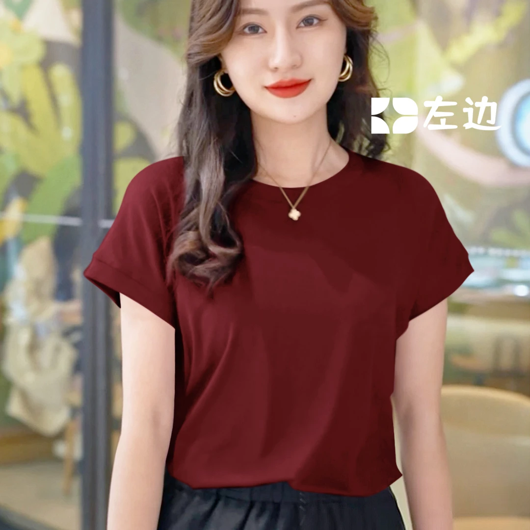夏季圆领高弹短袖t恤女纯色简约休闲百搭宽松T恤女螺纹上衣简约风