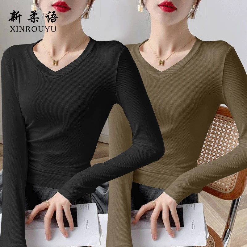 德绒秋冬加绒保暖V领打底衫新款洋气长袖t恤修身显瘦上衣时尚气质