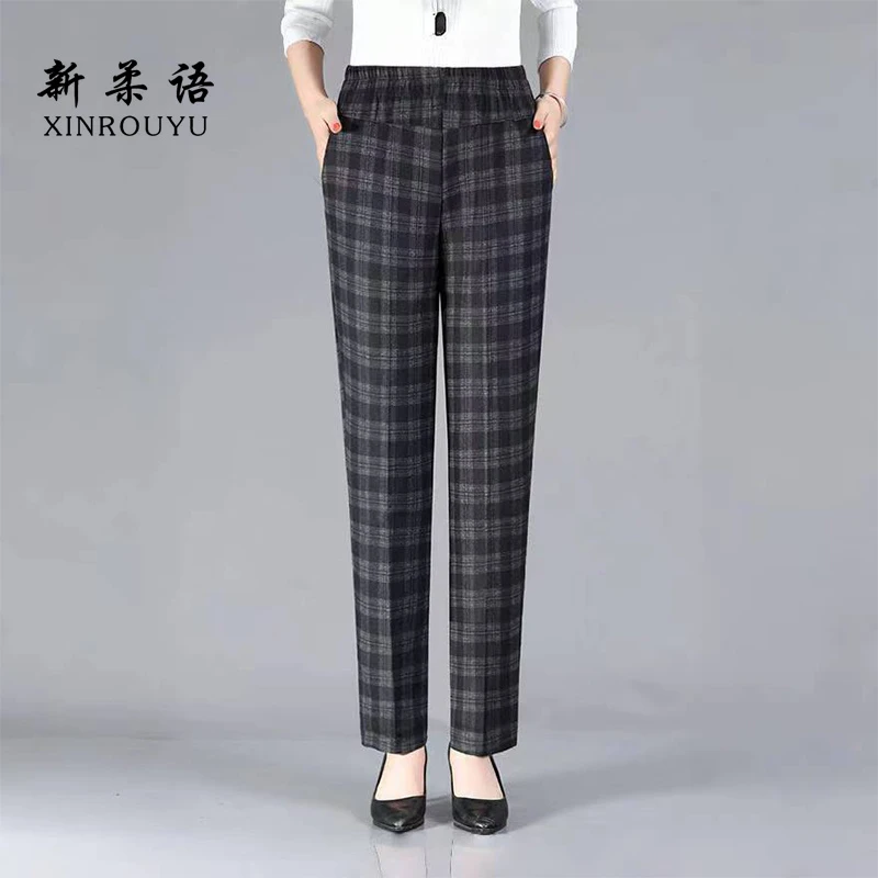妈妈裤子秋冬款加绒格子长裤中老年人女裤春秋高腰奶奶直筒老太太