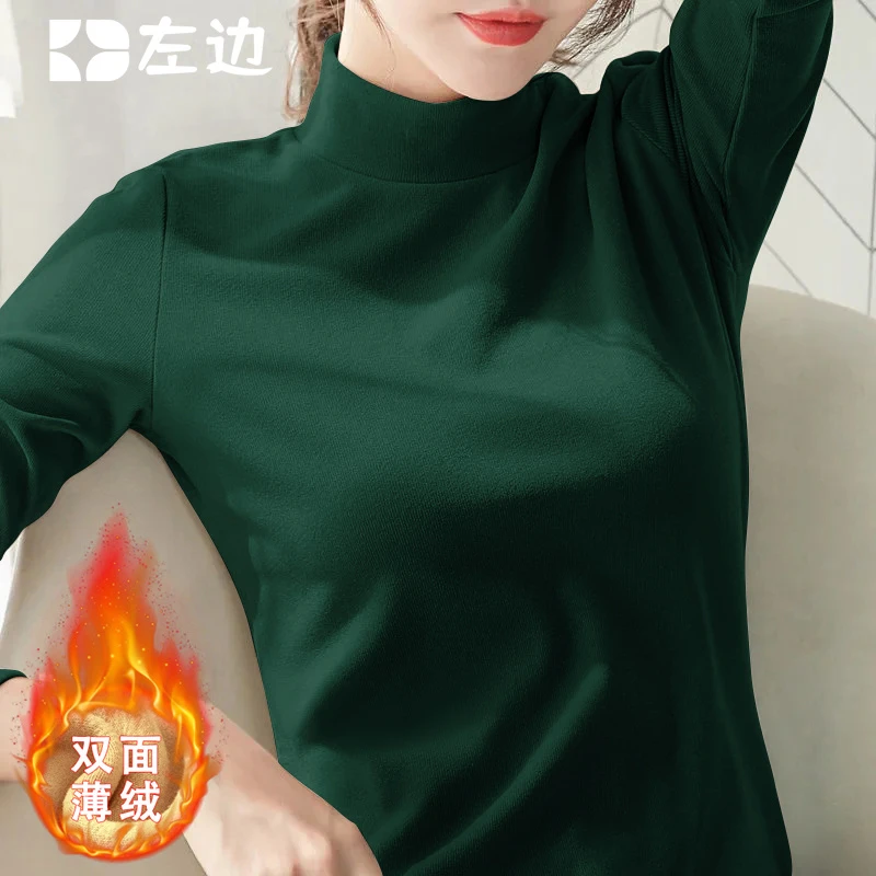 女装新款韩版时尚百搭半高领螺纹打底衫春秋双面德绒修身显瘦上衣