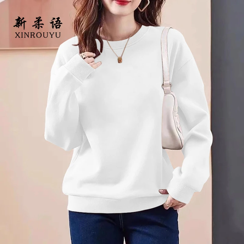 美式复古白色圆领卫衣女士宽松秋冬季小众设计感慵懒风上衣外套潮