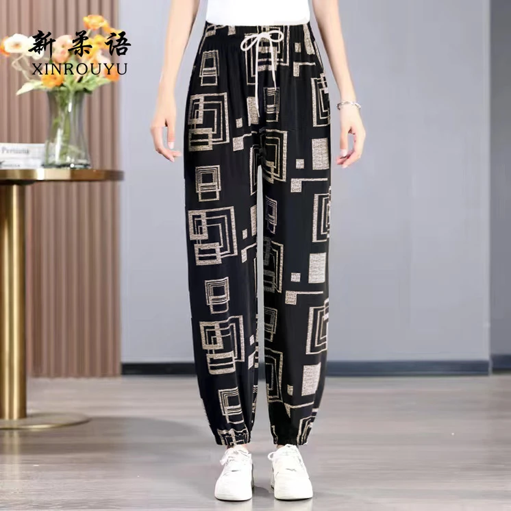 中老年新款薄款妈妈冰丝灯笼裤女裤束脚裤子高弹力大码夏季显瘦