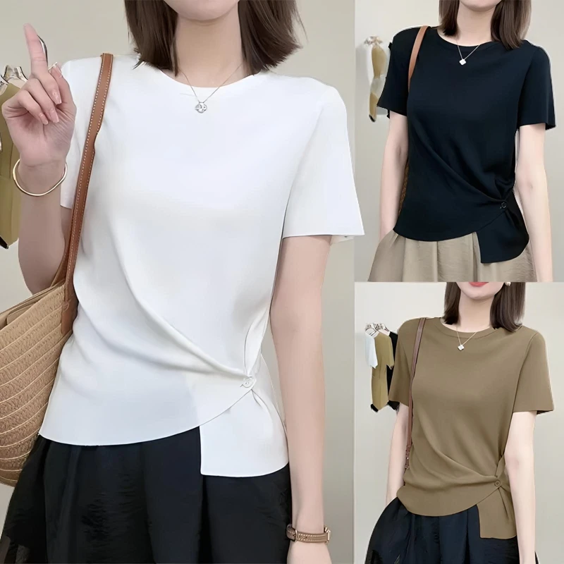 高考毕业季夏冰丝新款侧纽扣圆领短袖t恤上衣女设计感休闲不规则