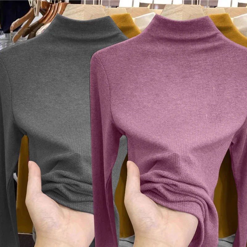 长袖t恤女士2024秋冬款半高领洋气打底衫德绒内搭磨毛保暖上衣潮
