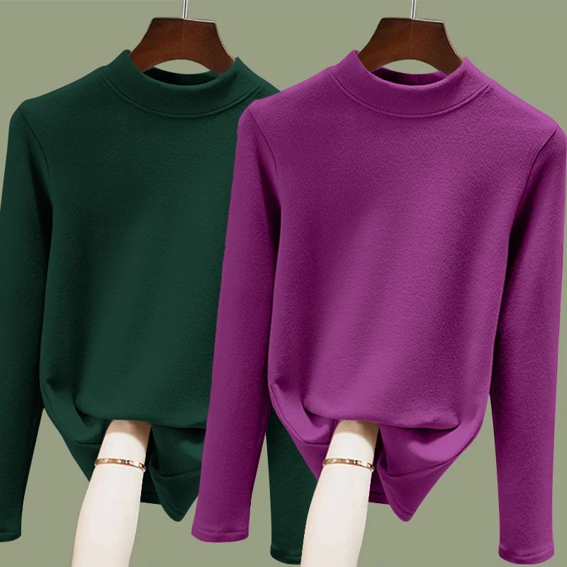 单/两件秋冬季纯色保暖螺纹长袖t恤女装洋气修身中年妈妈德绒上衣