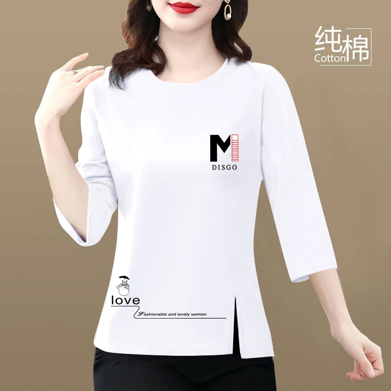 七分中袖t恤女夏纯棉新款宽松大码百搭洋气妈妈装开叉不规则上衣