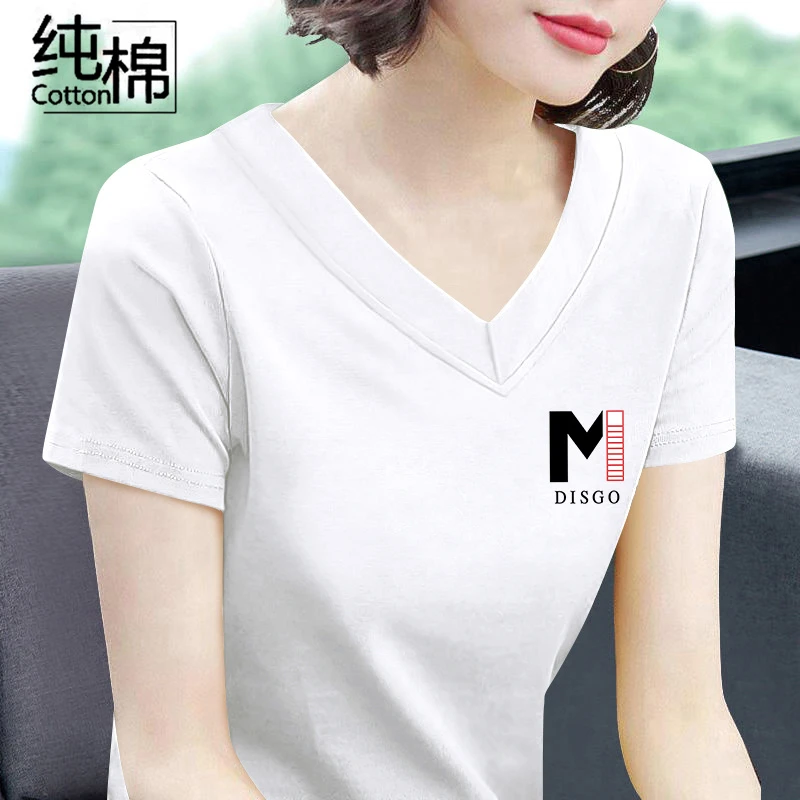 100%棉V领短袖t恤女2025年夏季新款韩版宽松鸡心领半袖体恤衫上衣