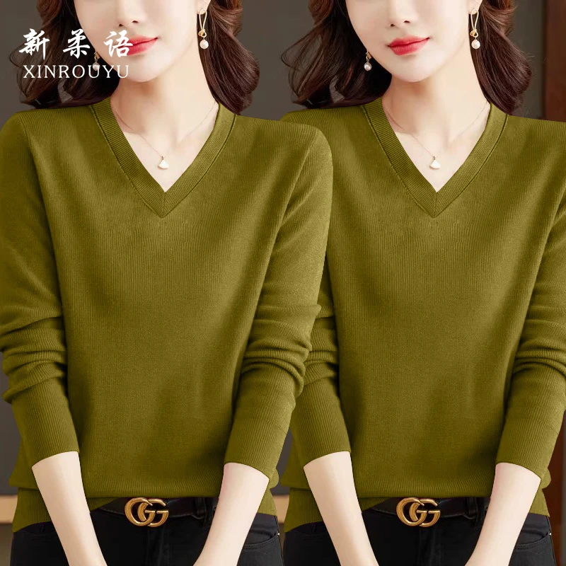 2026年秋冬德绒新款正肩长袖V领T恤慵懒风收腰修身显瘦内搭女上衣