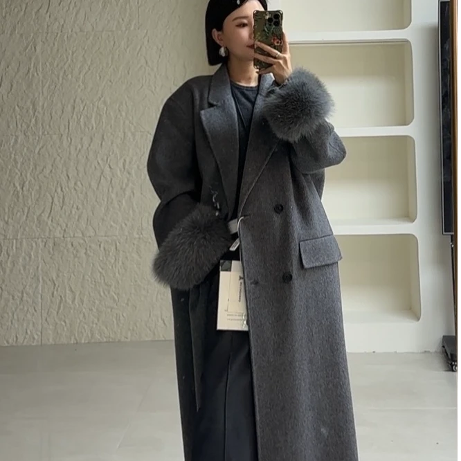 100绵羊毛时尚宽松超长大衣女秋冬可拆卸真狐狸毛外套