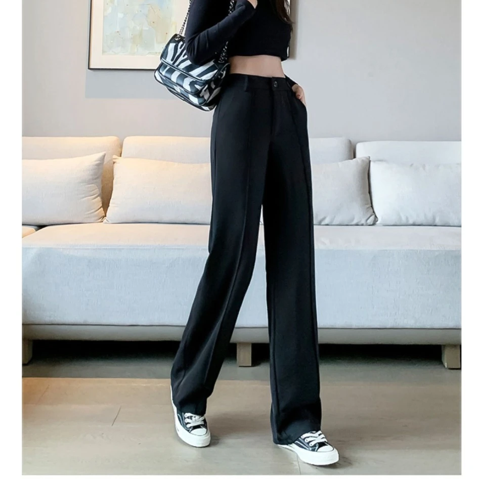 9986女直筒宽松垂感夏季松紧腰显瘦春秋黑色阔腿裤直筒西装裤