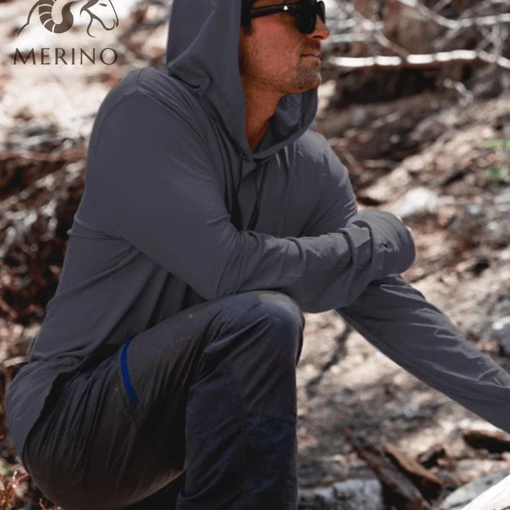 灰壳春秋季美丽诺羊毛休闲运动登山连帽薄打底美利奴羊毛长袖