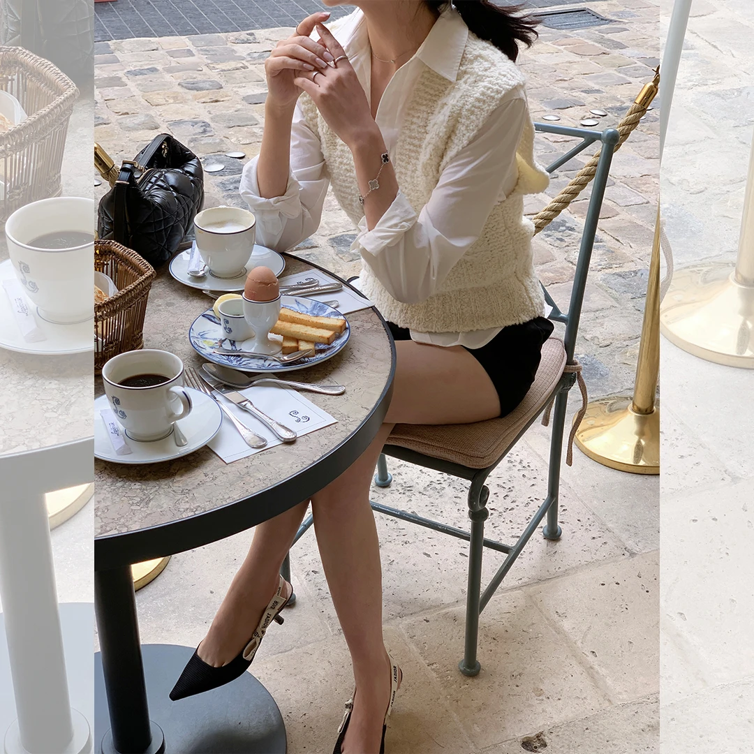 LAZY ZOE圣日尔曼落日口袋衬衫 纯色宽松法式翻领衬衣 针织马甲