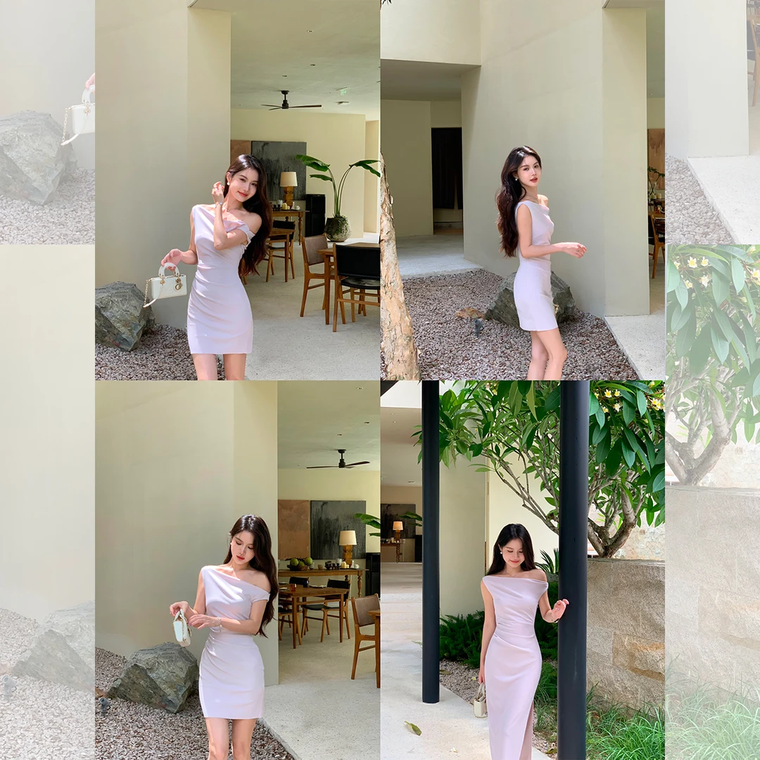 LAZY ZOE【店播专属】持续美丽肯豆斜肩长短版连衣裙