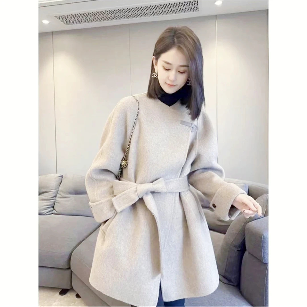 518-秋冬百搭羊毛大衣小个子显瘦皮扣中长款保暖气质设计师款