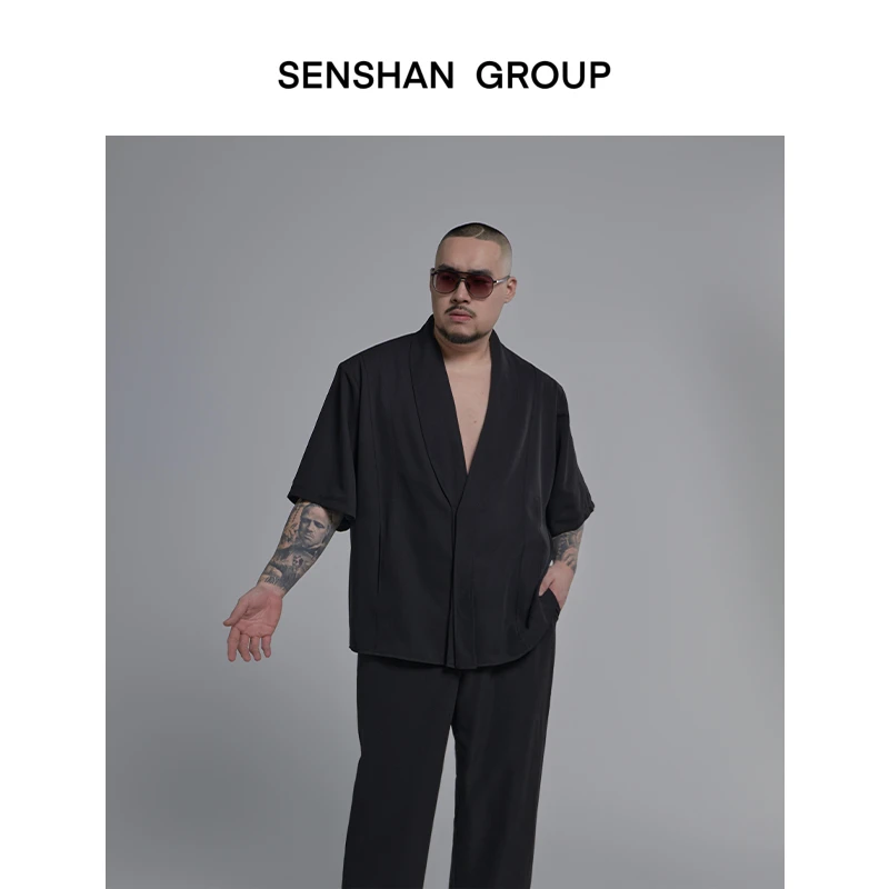 森山组大码男装新中式国风原创设计叠领短袖西装高级感休闲男士