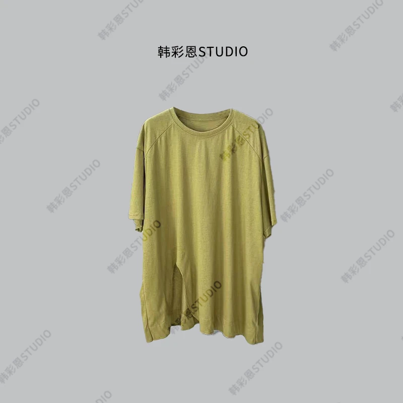 夏季新款简约宽松百搭纯色复古下摆前开叉设计圆领T恤2565