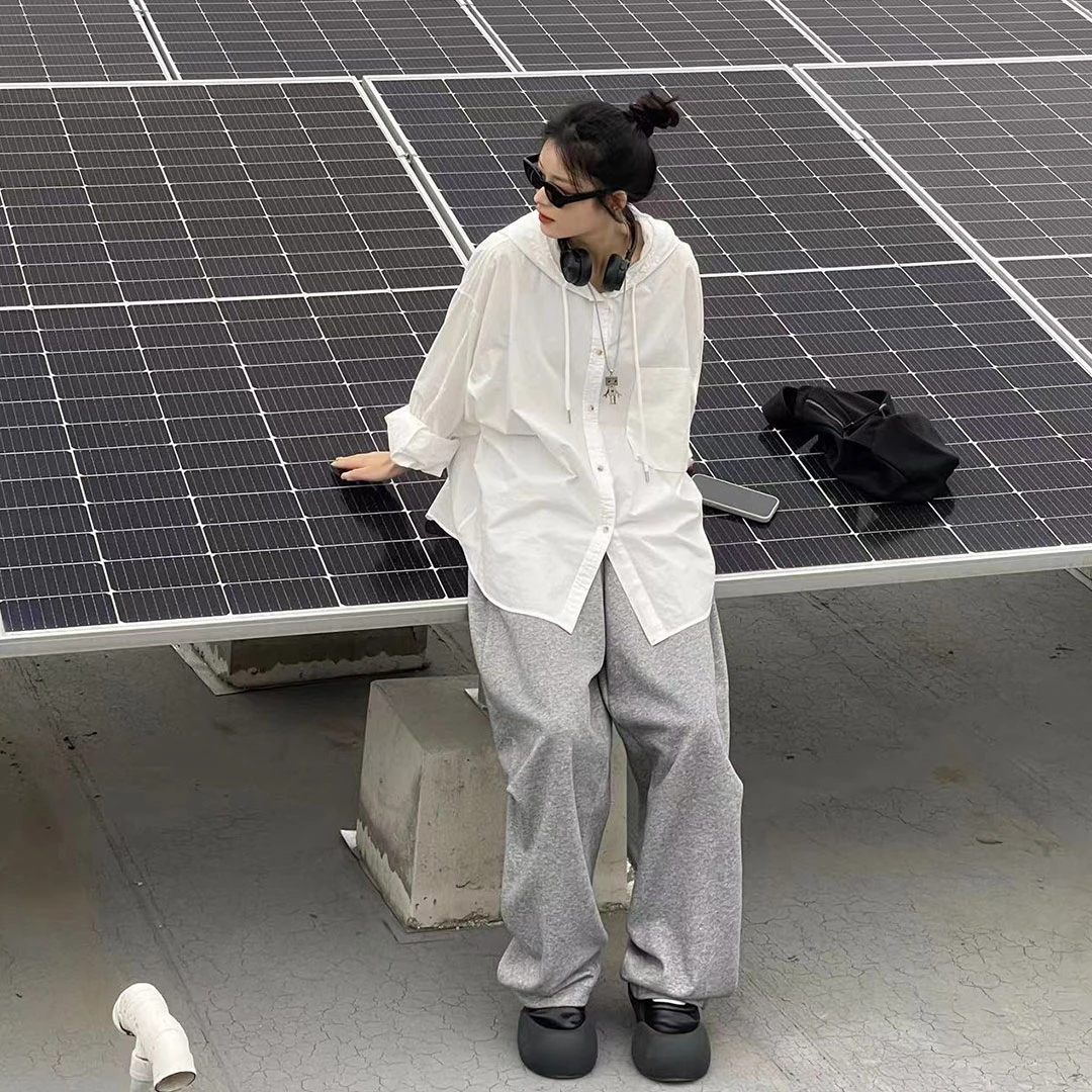 2024新款时尚百搭连帽长袖宽松衬衫8206