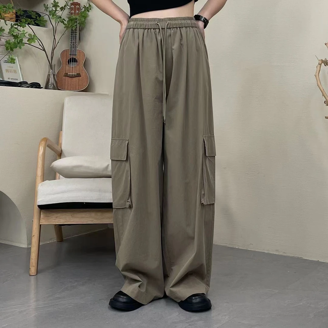 复古工装裤女大口袋小众街头阔腿裤松紧腰裤子15782