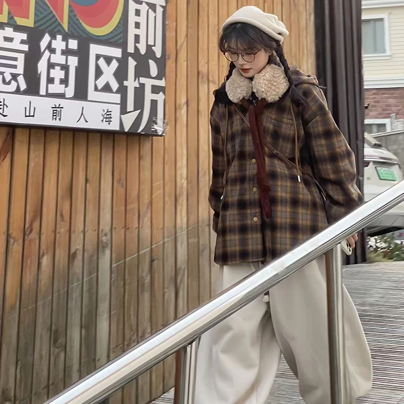 保暖加厚大口袋款夹棉连帽格子衬衫43145