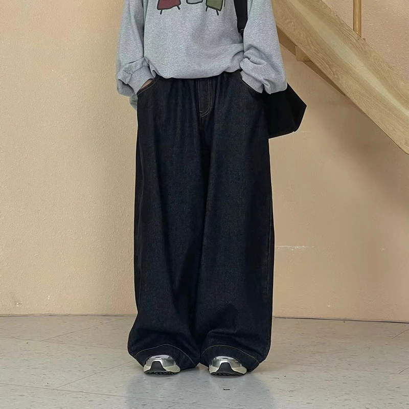 冬季新款复古慵懒风口袋纯色阔腿牛仔裤82EN71