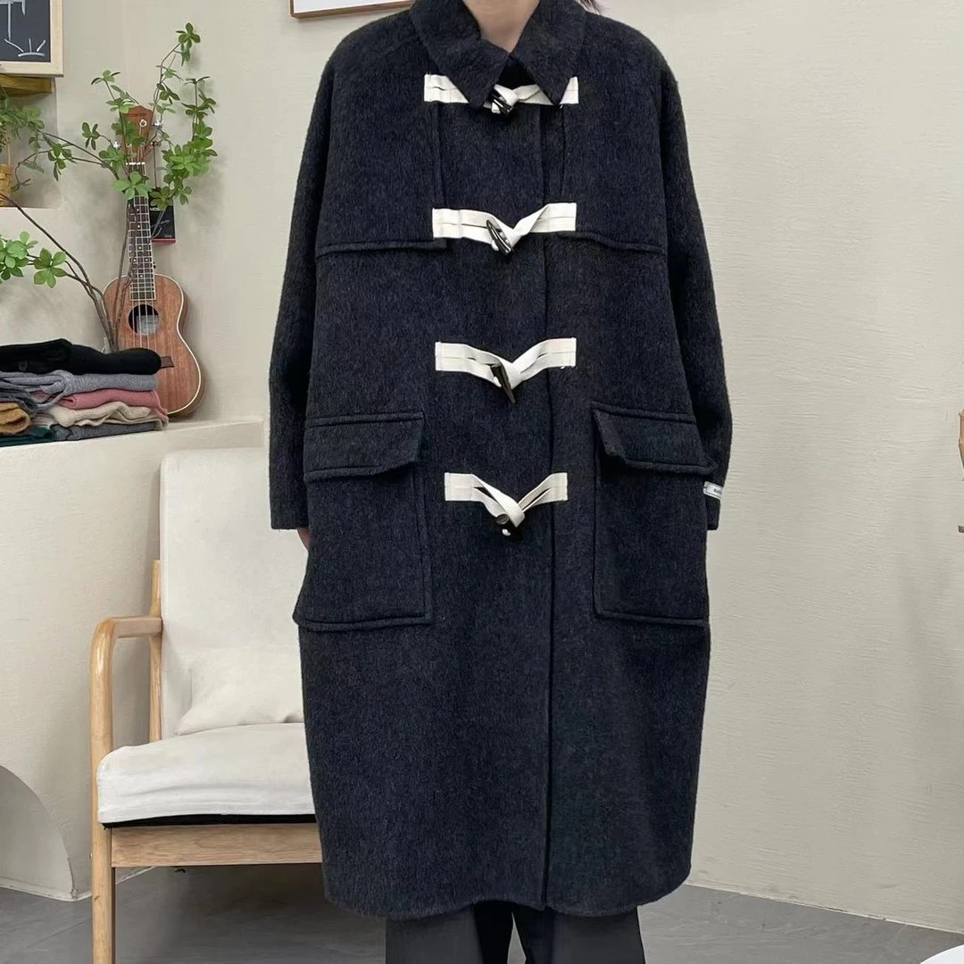 新款日系宽松牛角扣时尚双面羊毛呢大衣233323