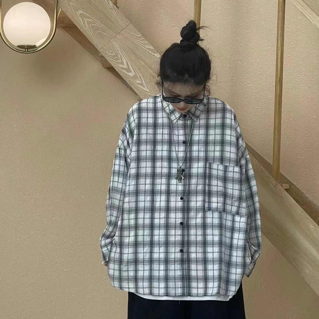 冬季新款复古学院风格子口袋长袖衬衫3234