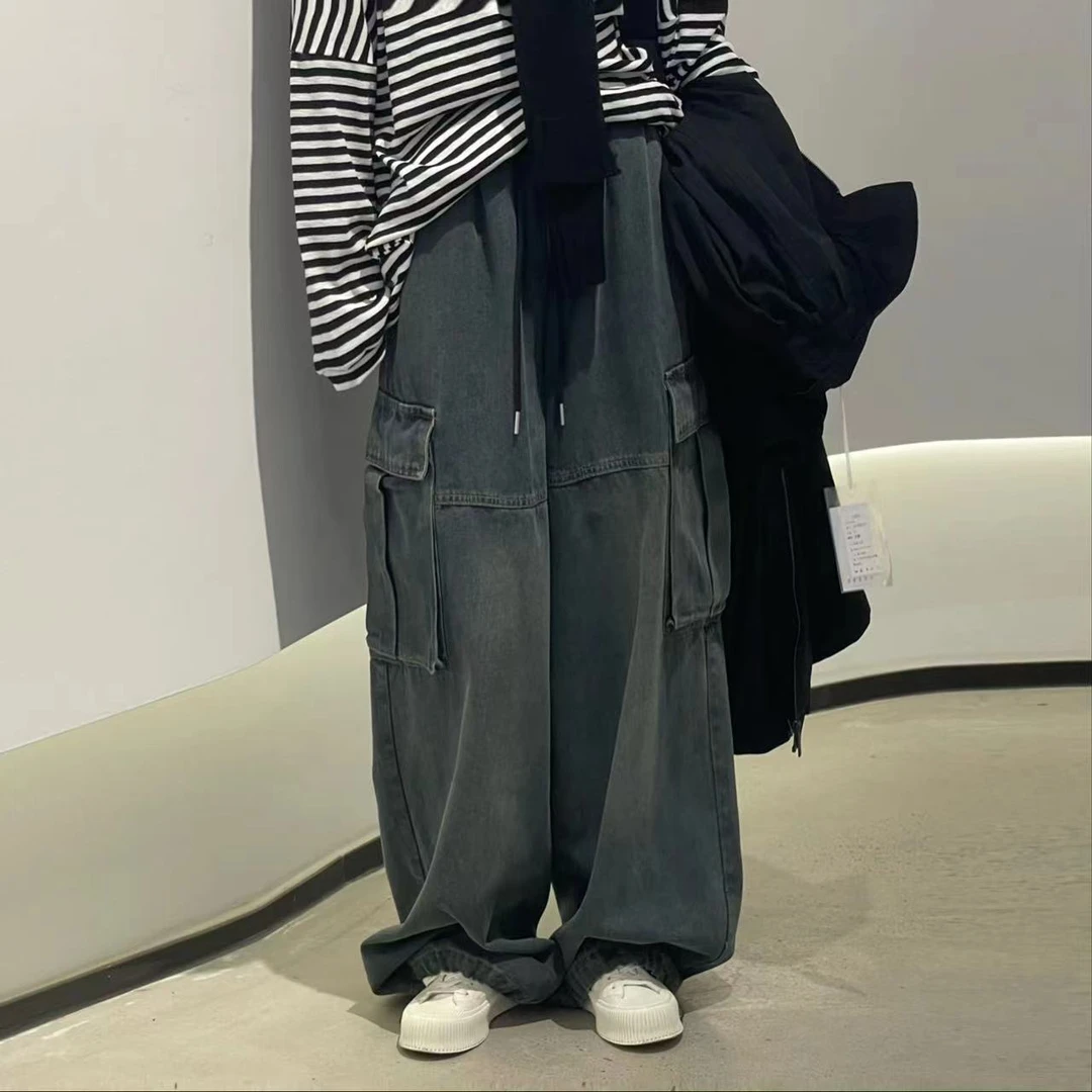 秋季新款日系复古慵懒风收脚大口袋松紧腰阔腿牛仔裤8242