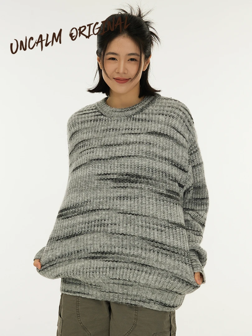 易燃空间花色圆领毛衣女2024新款秋冬休闲宽松套头打底长袖针织衫