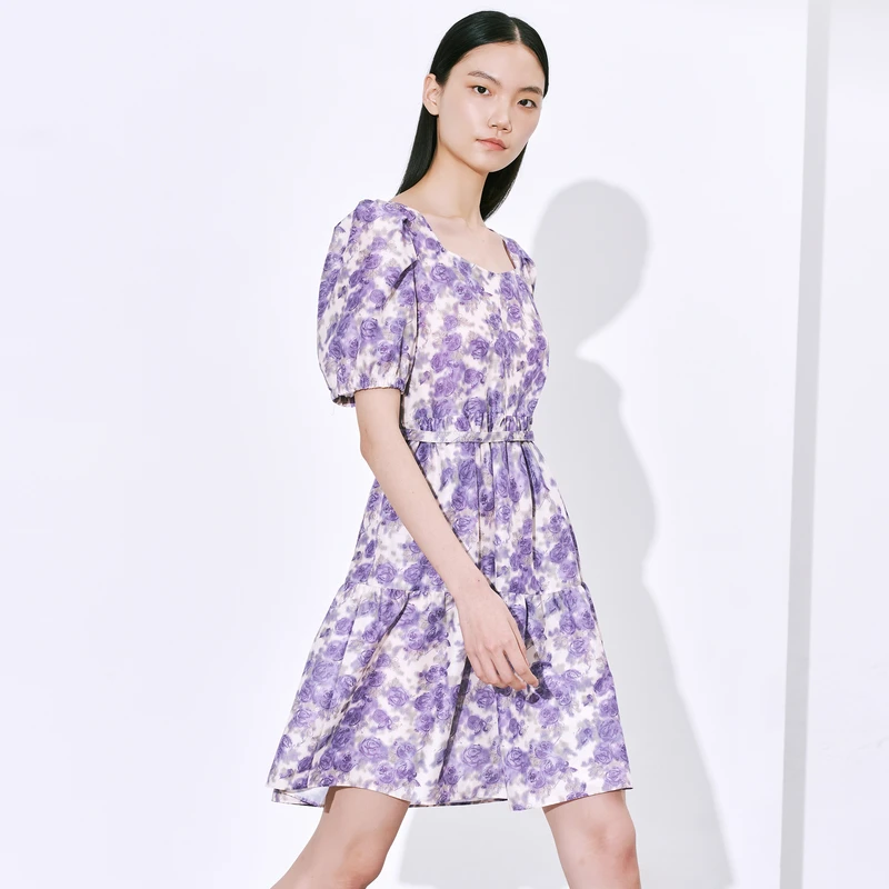 XG/雪歌时尚夏季收腰女装气质法式紫色连衣裙XI204028B593