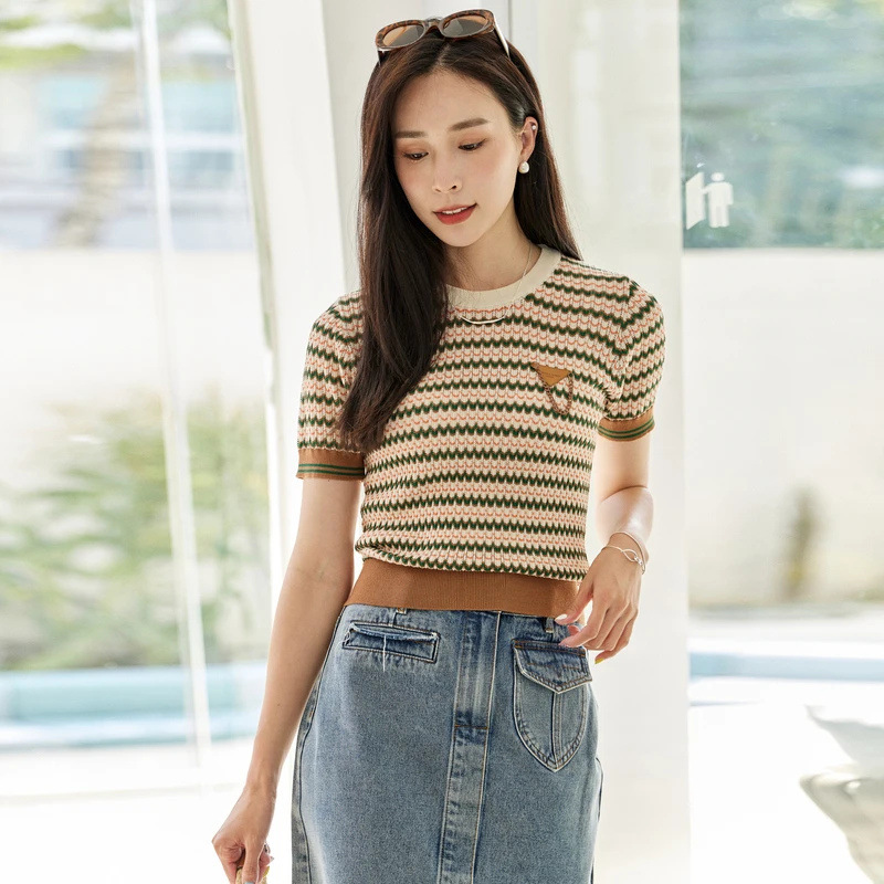 XG雪歌花版短袖毛针织衫夏季新款修身薄款毛衫女